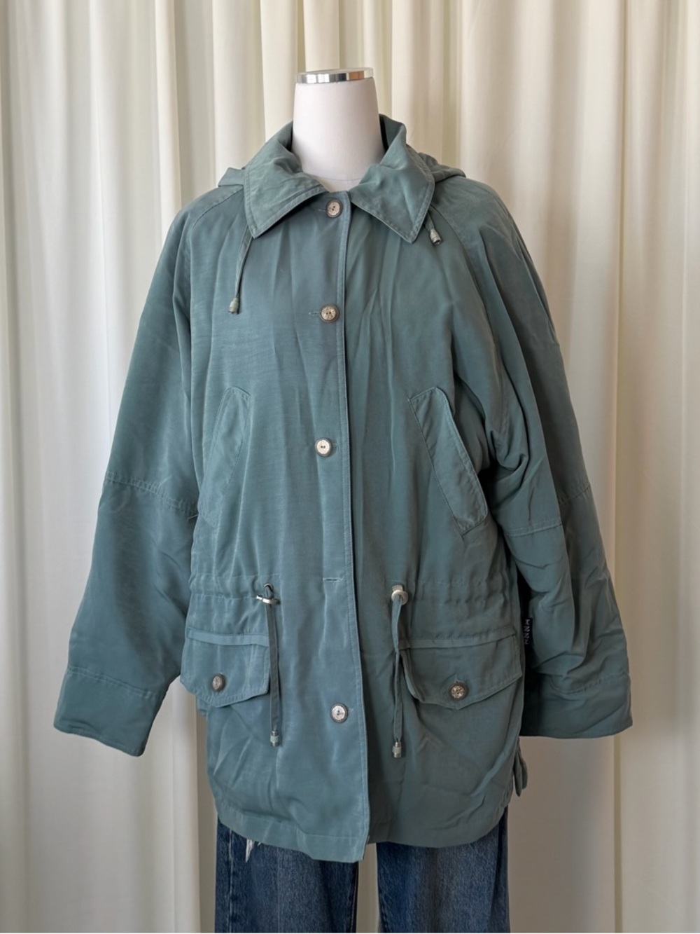 IZZI Vintage 90s Sage Green Hooded Utility Jacket Parka Size Medium.